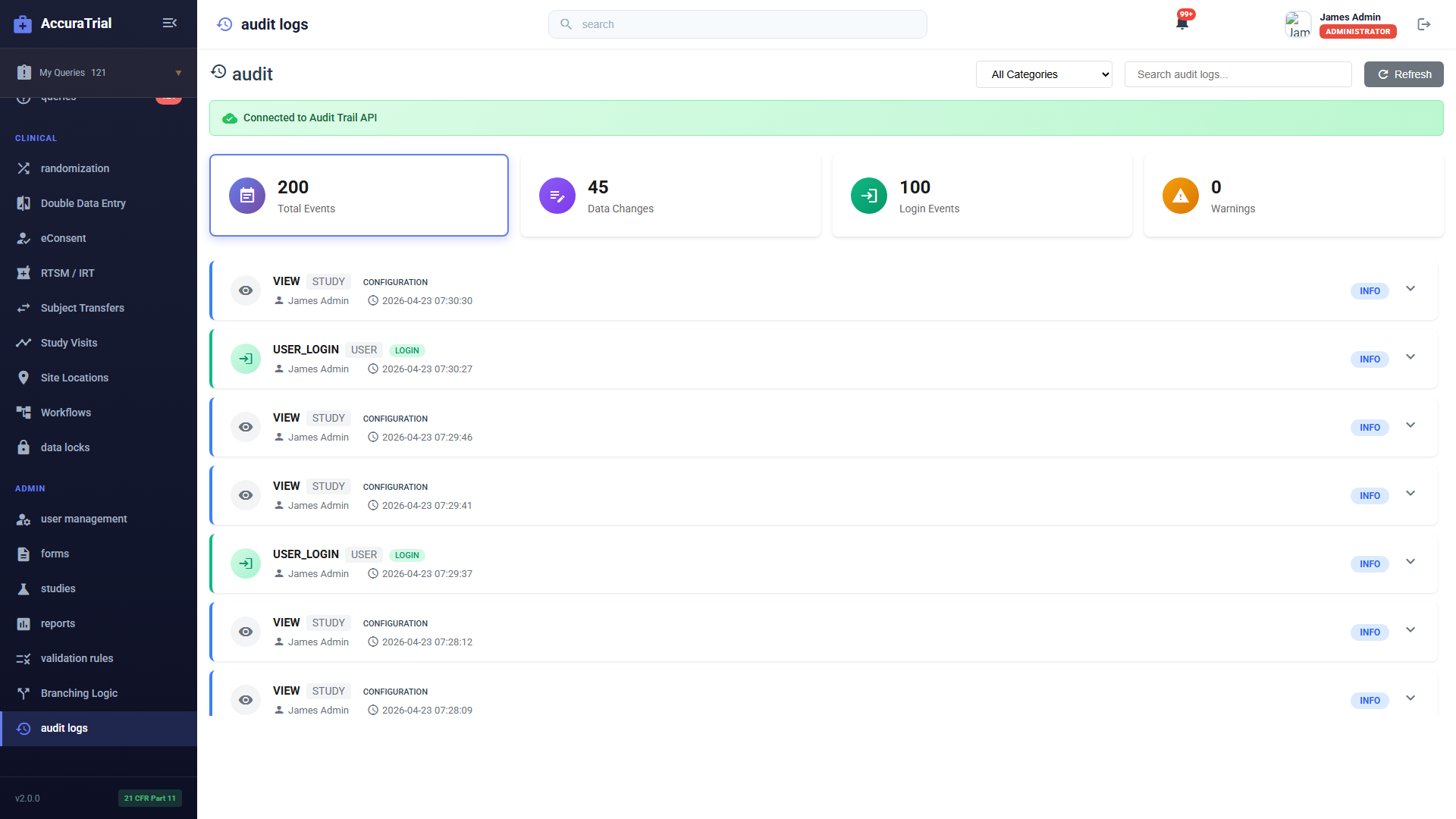 The AccuraTrials audit log listing events with category, actor and timestamp for every action