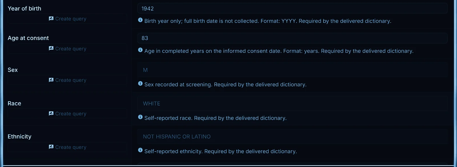 An AccuraTrials demographics eCRF with all seven questions answered, frozen for review, and a query action beside every field