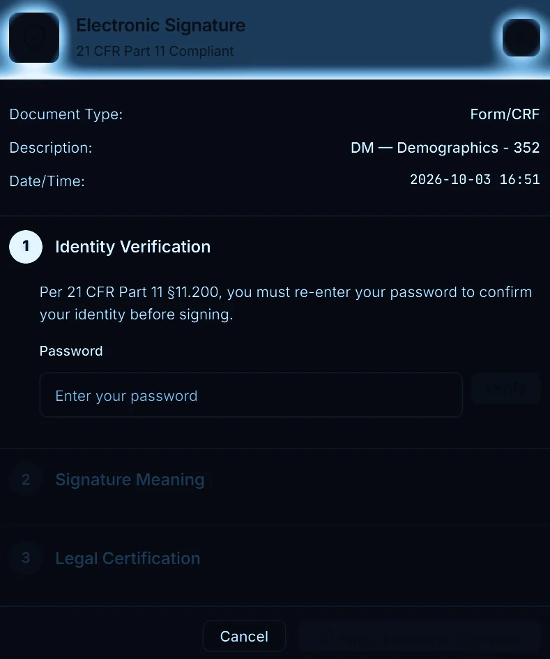 AccuraTrials electronic signature dialog requiring credential re-authentication, a signature meaning and a legal certification