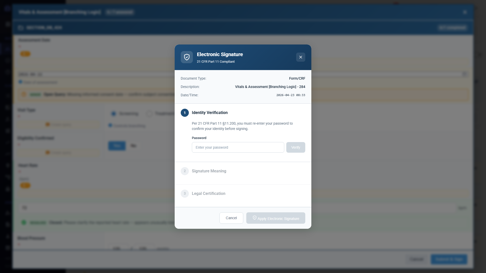 The AccuraTrials electronic signature dialog requiring password re-authentication, a signature meaning and a legal certification