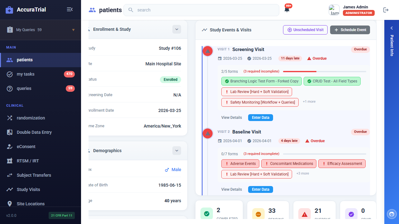 A subject record in AccuraTrials showing enrollment details and a visit timeline with per-visit form completion and overdue flags